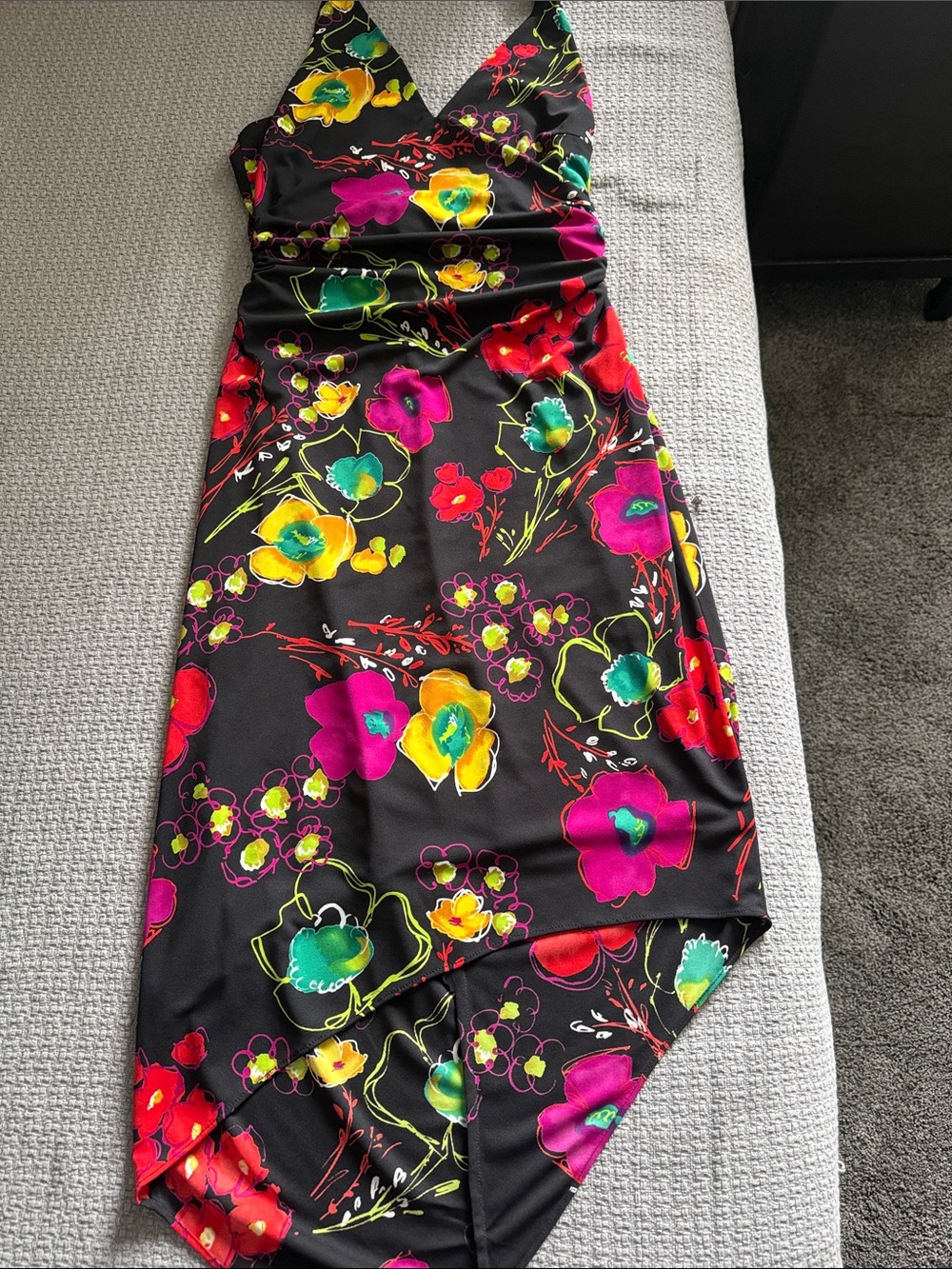 David Meister Black Floral Backless Dress with Yellow, Pink, Green, Red Accents